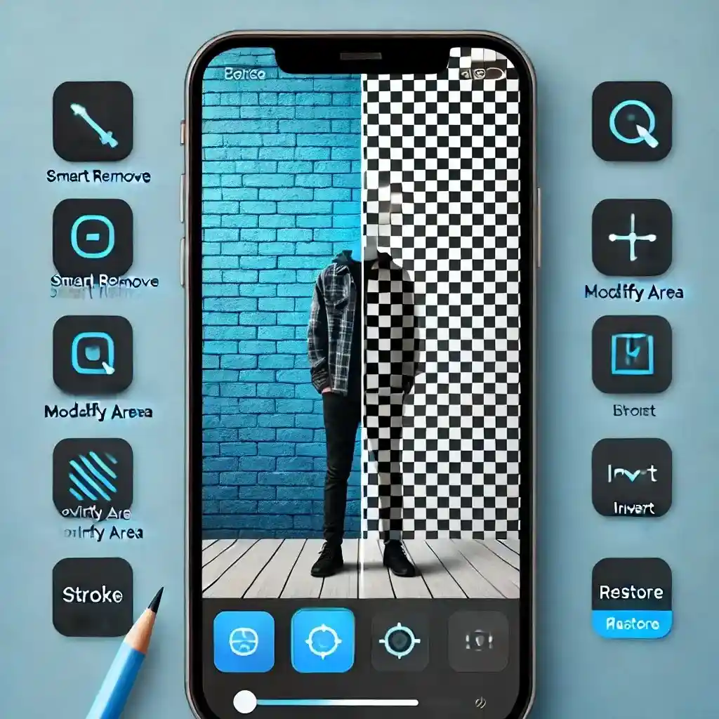 DALLE2024 11 2500.24.10 Acleanandprofessionalappscreenshotforawebsiteshowcasingbackgroundremovaltools.Theimagefeaturesapersonstandingagainstabluebrickw1